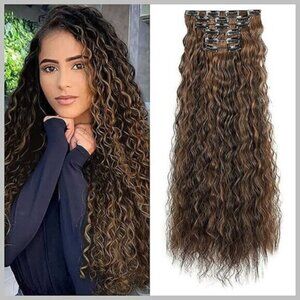 6PCS Clip In Hair Extensions 24", Black Brown with Highlight